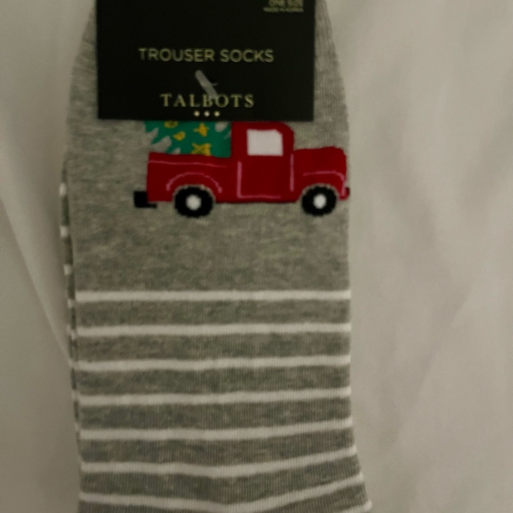 Talbots Gray Striped trouser Socks with Red Truck and Christmas tree new